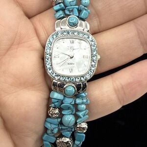 Suzanne Somers Turquoise Chips Blue Rhinestones Ladies Watch Need Battery 7"